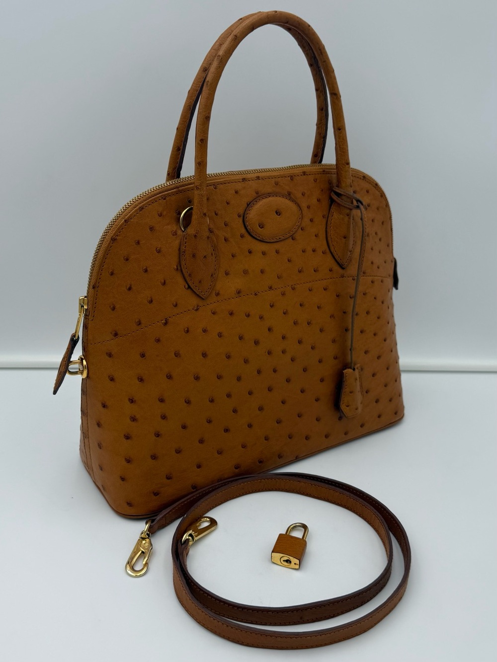 🇫🇷michel adolphe PARIS Unisex Brown Exotic OSTRICH BUGATTI 31 Bag Made in FRANCE - Picture 2 of 16